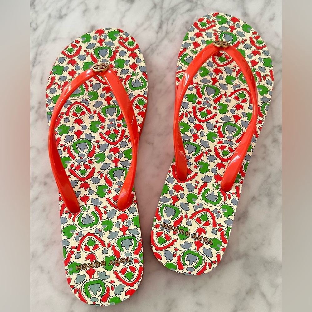TORY BURCH Poppy Red/Legacy Paisley Flip Flops SIZE 7